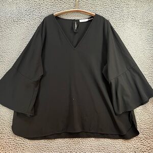 Calvin Klein Blouse 2X 20W-22W Black Bell Sleeve V-Neck Classic Party Slimming